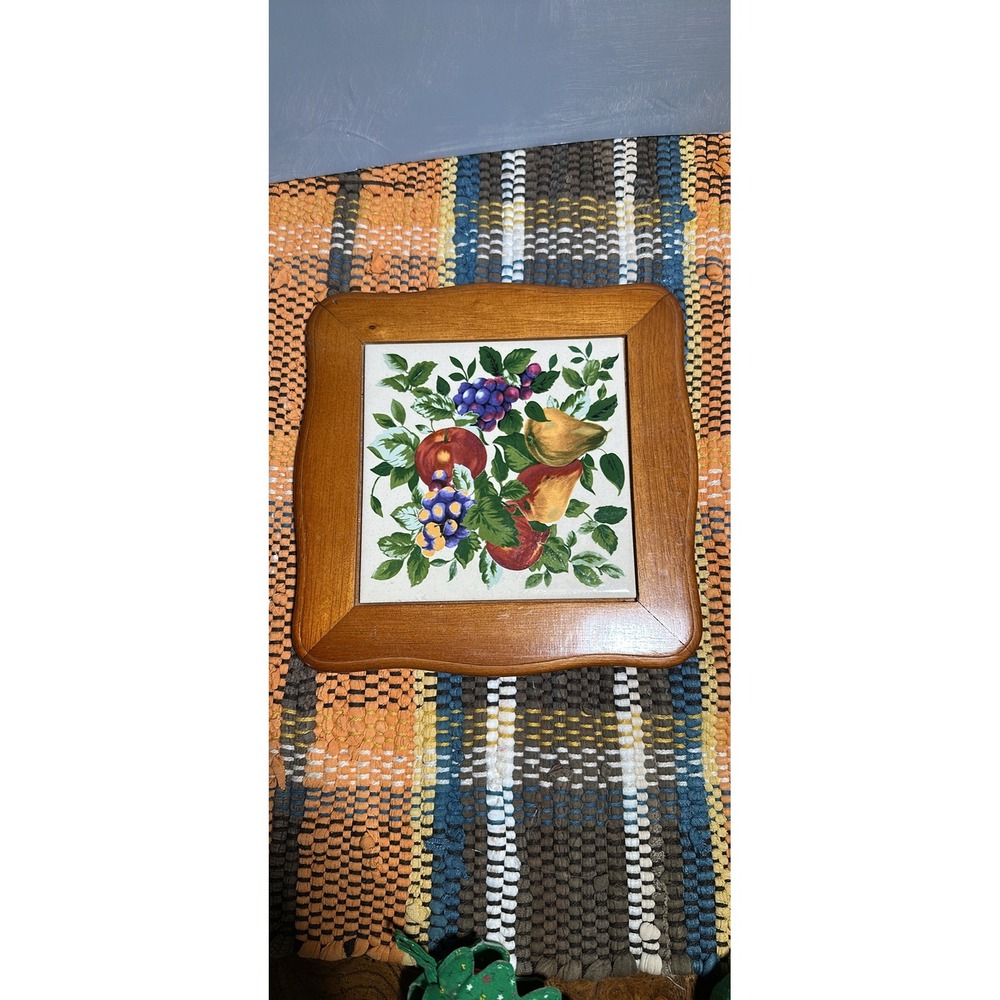 Vintage Fruit Art Ceramic Tile Plaque Wood Frame Wall Decor Home Kitchen